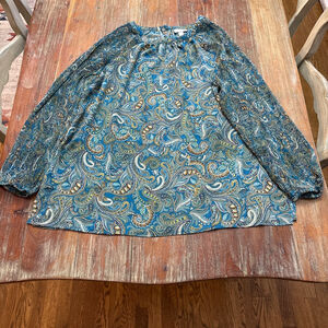 J.Jill Blue Green Yellow Paisley Blouse with Pleated Sleeves Large Slinky